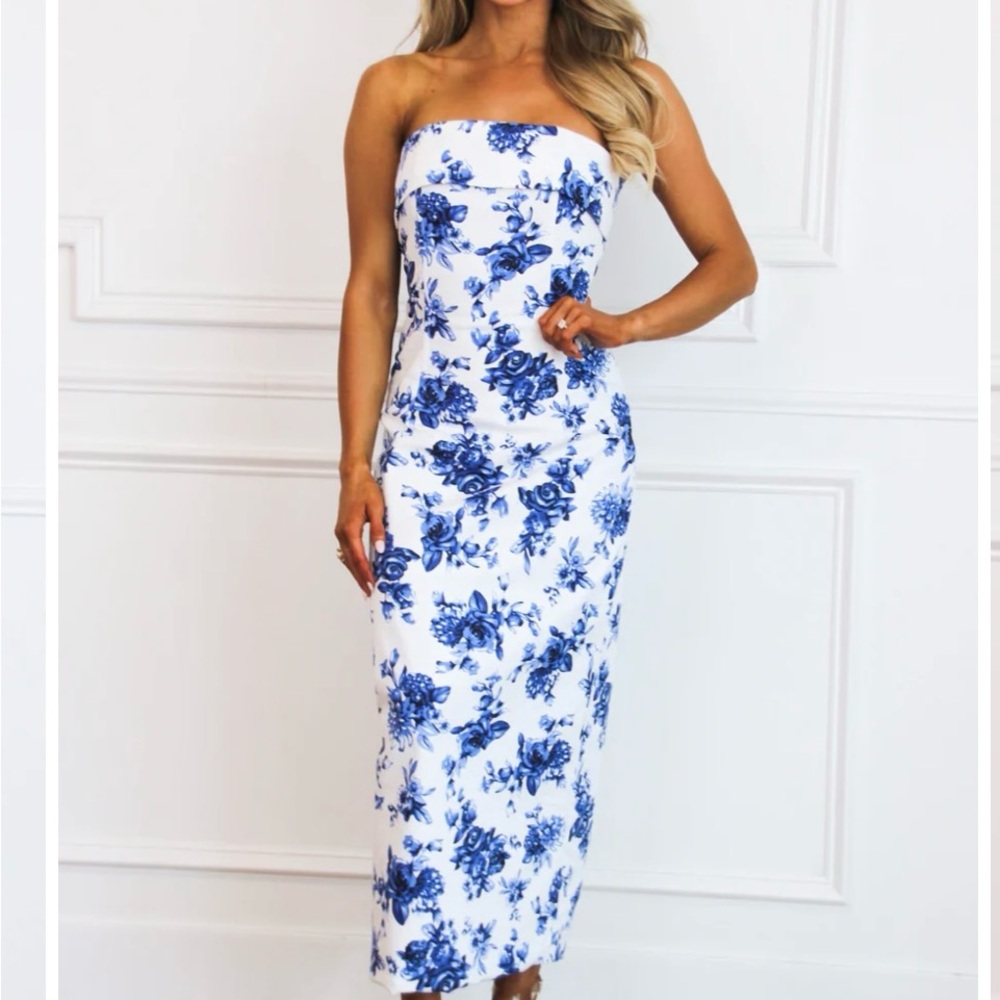 Worn once - Blue Floral Strapless Dress